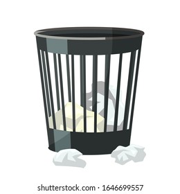 Plastic wheelie bin with crumpled paper sheets inside and out. Trash can. Dumpster iron. Cartoon object isolated on white. Writing, copywriting creation process. Vector flat illustration