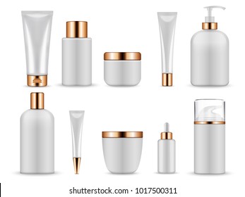 Plastic white blank bottles and tubes for cosmetics. Bottle and tube container cosmetic, cream beauty gel. Vector illustration