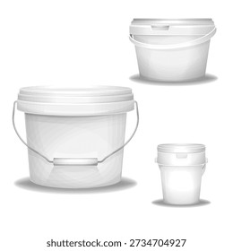 Plastic white buckets vector illustration 3d realistic paint bucket. Isolated blank mockup models, industrial plastic containers packaging with lid and handles for painting, putty or primers and food