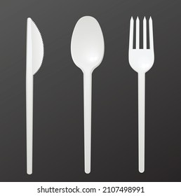 Plastic white cutlery template realistic vector illustration isolated on dark background. Mockup of disposable spoon, knife and fork dishware or kitchen tableware.