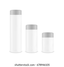 Plastic white jar with grey cap. Packaging for cosmetics.