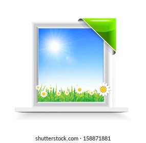Plastic window with badge with a view of the chamomile field