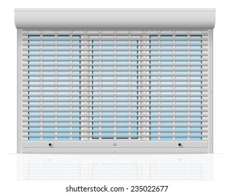 plastic window behind metal perforated rolling shutters vector illustration isolated on white background