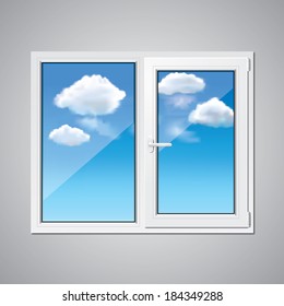 Plastic window and blue sky with clouds behind vector illustration