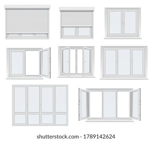 Plastic window and door with roller shutter isolated vector mockup. Realistic white windows and doors with metal rolling blinds, glass panels and PVC frame profiles, 3d design of architecture elements