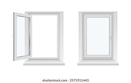 Plastic window frame with glass, handle closed and open doors. Vector isolated set of realistic building construction elements. Traditional and classic architecture, rectangular vertical form