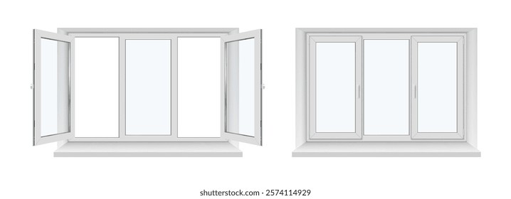 Plastic window frame with glass and opening or closing door, handle. Vector isolated set of realistic architecture construction or building material. Empty border for wall of apartments