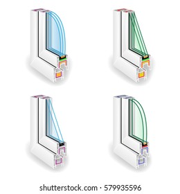 Plastic Window Frame Profile Set. Energy Efficient Window Cross Section. Two And Three Transparent Glass. Vector Illustration