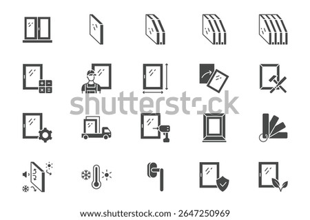 Plastic window glyph icon set. Vector pictograms include icon - double glazed, handyman, worker, measurement, installation black sign silhouette illustration for architecture.