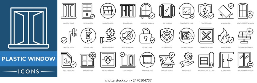 Plastic window icon. Frame, Vinyl Window, Double Glazed, Sliding Glass, Casement Window, Bay Window, Transparent Pane and Frosted Glass