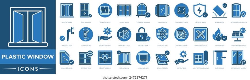 Plastic window icon. Frame, Vinyl Window, Double Glazed, Sliding Glass, Casement Window, Bay Window, Transparent Pane and Frosted Glass