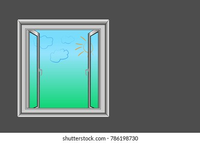 plastic window with open doors to the street on a gray background