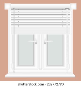 plastic window and open horizontal blinds
