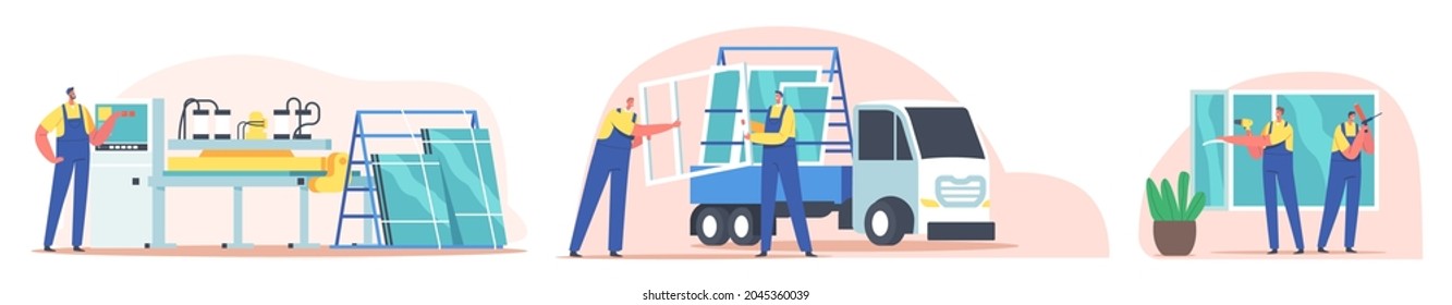 Plastic Window Producing, Delivery And Installation Concept. Installer Workers Characters Service, Pvc Glass Installing, Home Remodeling, Repair And Renovation Work. Cartoon People Vector Illustration