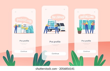 Plastic Window Producing, Delivery and Installation Mobile App Page Onboard Screen Template. Installer Workers Characters Pvc Glass Installing Service Concept. Cartoon People Vector Illustration