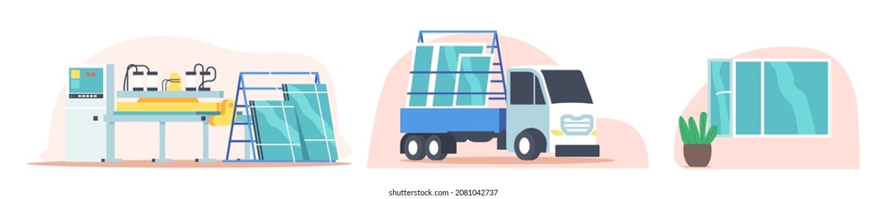 Plastic Window, Pvc Producing, Delivery And Installation. Installing Service, Remodeling, Repair And Renovation Work. Machine And Tools For Glass Producing, Delivery Truck. Cartoon Vector Illustration