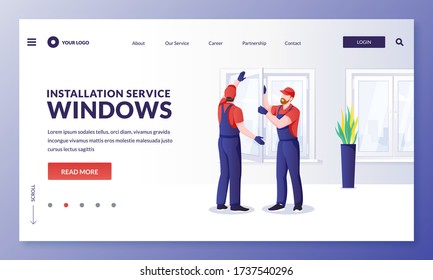 Plastic Window Repair And Installation Service. Handymen Replace Old Windows To New Ones. Vector Flat Cartoon Character Worker Illustration. Home Maintenance Services And Improvement Concept