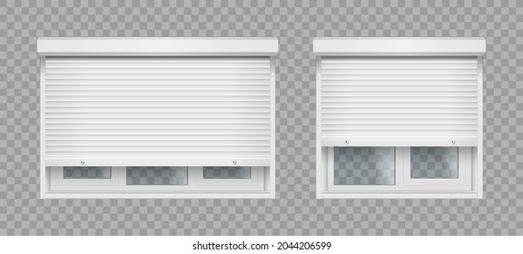 Plastic window with roller shutter isolated on transparent background. Realistic white windows with metal rolling blinds, glass panels and frame profiles. 3d vector illustration