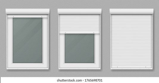 Plastic window with rolling shutter isolated on transparent background. Vector realistic set of closed and open roller up for glass window, white metal blind for office or shopfront