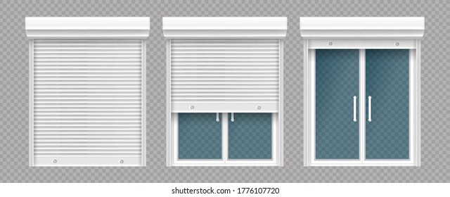 Plastic window with rolling shutter isolated on transparent background. Vector realistic set of closed and open roller up for glass window, white blind for office or shopfront