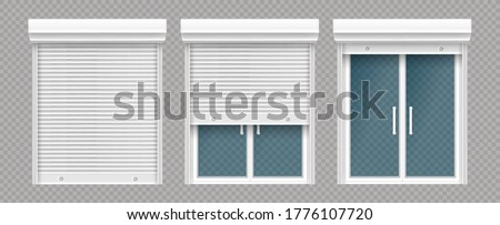 Plastic window with rolling shutter isolated on transparent background. Vector realistic set of closed and open roller up for glass window, white blind for office or shopfront