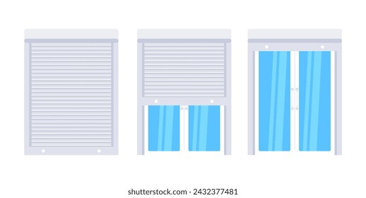 Plastic window with rolling shutter set. Glass window. Vector illustration