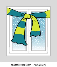Plastic window with a scarf. Outside the snow is falling. Warm windows concept. Vector illustration.