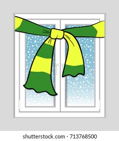 Plastic window with a scarf. Outside the snow is falling. Warm window concept. Vector illustration.