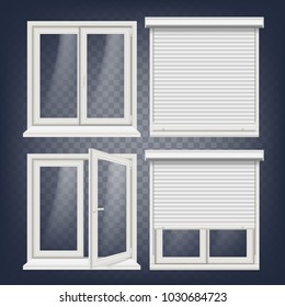 Plastic Window Vector. White Metallic Roller Shutter. PVC Windows. Plastic White Window Frame. Isolated On Transparent Background Realistic Illustration
