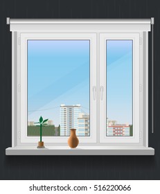 A plastic window with view on city.