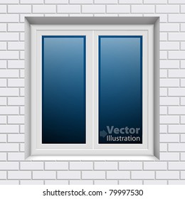 Plastic window in white brick wall from outside. Vector illustration.