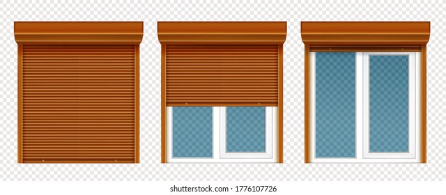 Plastic window with wooden rolling shutter isolated on transparent background. Vector realistic set of closed and open roller up for glass window, brown blind for office or shopfront