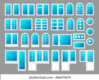 Plastic windows with doors, vector illustration set