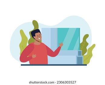 Plastic windows flat background composition with joyful male character sample of window pack and green leaves vector illustration