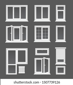 Plastic windows flat vector illustrations set. House interior, exterior decor elements, Modern architecture, glazing service symbols. Different white casements with jalousie, doors and heating battery