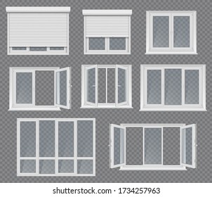 Plastic windows, frames and jalousie. Realistic vector 3d windows two, three or four sections with handles for adjustment. White pvc sills, roller blinds. Set of transparent glasses for home or office