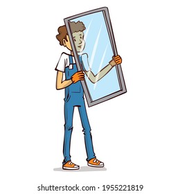 Plastic windows install and repair service. Installer worker in uniform with tools holding a new glass frame. Master installing and fixing windows in apartment.