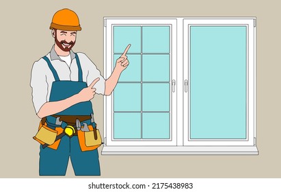 Installation und Reparatur von Kunststofffenstern. Installateur in Uniform mit Werkzeugen, die einen neuen Glasrahmen tragen. Meister Installation und Reparatur von Fenstern in der Wohnung. Baugewerbe