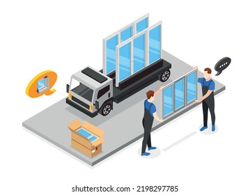 Plastic Windows Installation Isometric Composition With Workers And Transportation Van Vector Illustration