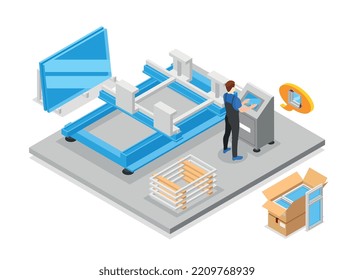 Composición isométrica de ventanas plásticas con equipo de producción de perfiles pvc ilustración vectorial