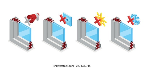 Plastic windows isometric icons set with sound sun and frost proof symbols vector illustration