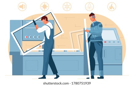 Plastic windows manufacturing flat colored composition two workers setting window frames vector illustration