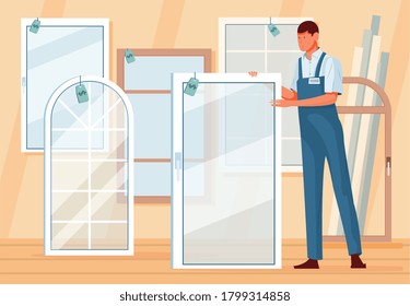 Pantalla de taller de ventanas de plástico y asistente de tienda en ilustración vectorial plana uniforme