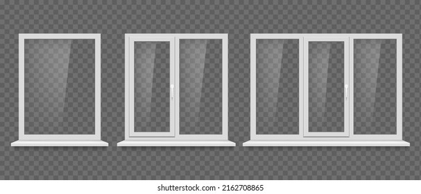 Plastic windows template with white frames. Collection isolated on transparent background. vector mockup
