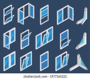 Plastic windows type construction color set on dark background including single hung vertical sliding and double casement isolated vector illustration