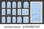 Plastic windows with various types frames and glass, windows framing, window sash collection, vector