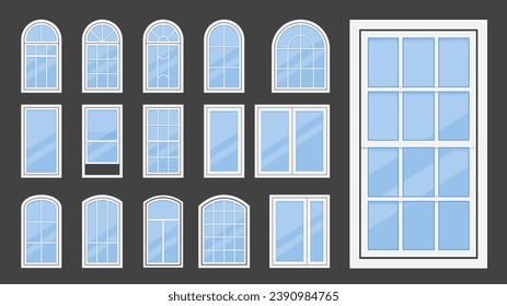 Plastic windows with various types frames and glass, windows framing, window sash collection, vector