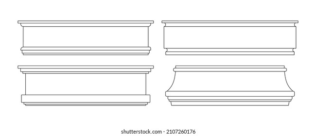 Las baloncestas de plástico o madera están alineadas con elementos de arte aislados en un fondo blanco. Elementos arquitectónicos para el diseño de las paredes interiores. Ilustración modificable lineal vectorial. Molduras varias colecciones de formas.