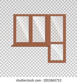 Plastic or wooden glass window and door to balcony or porch. Realistic window and door with brown frames and window sill, sashes and adjusting handles. Vector 3D illustration.