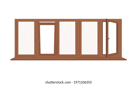 Plastic or wooden glass window with sill. Large five sections blank brown window with open and closed frames. Vector realistic 3D illustration isolated on a white background.